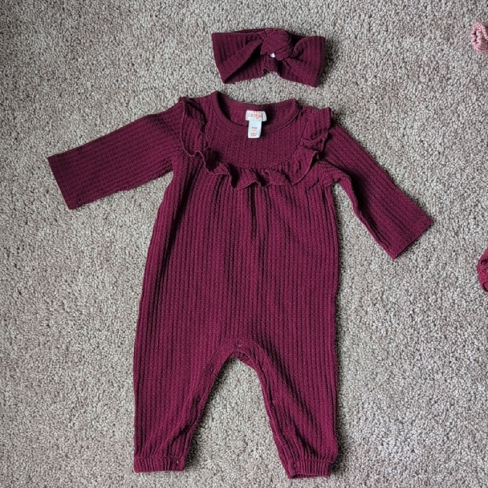 Cat & Jack Maroon Baby Romper + Headband 3-6 Months
